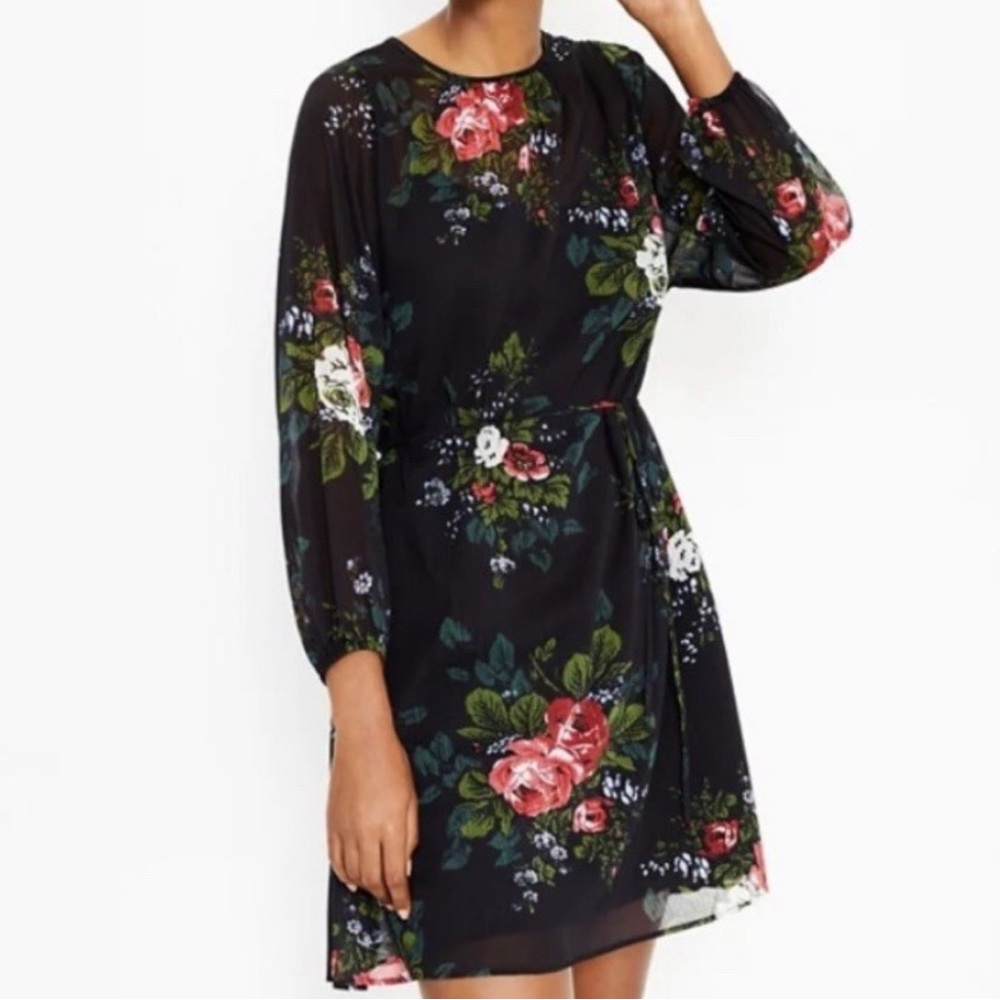 LOFT Tie Waist Dheer Black Floral Long Sleeve Dress NWT